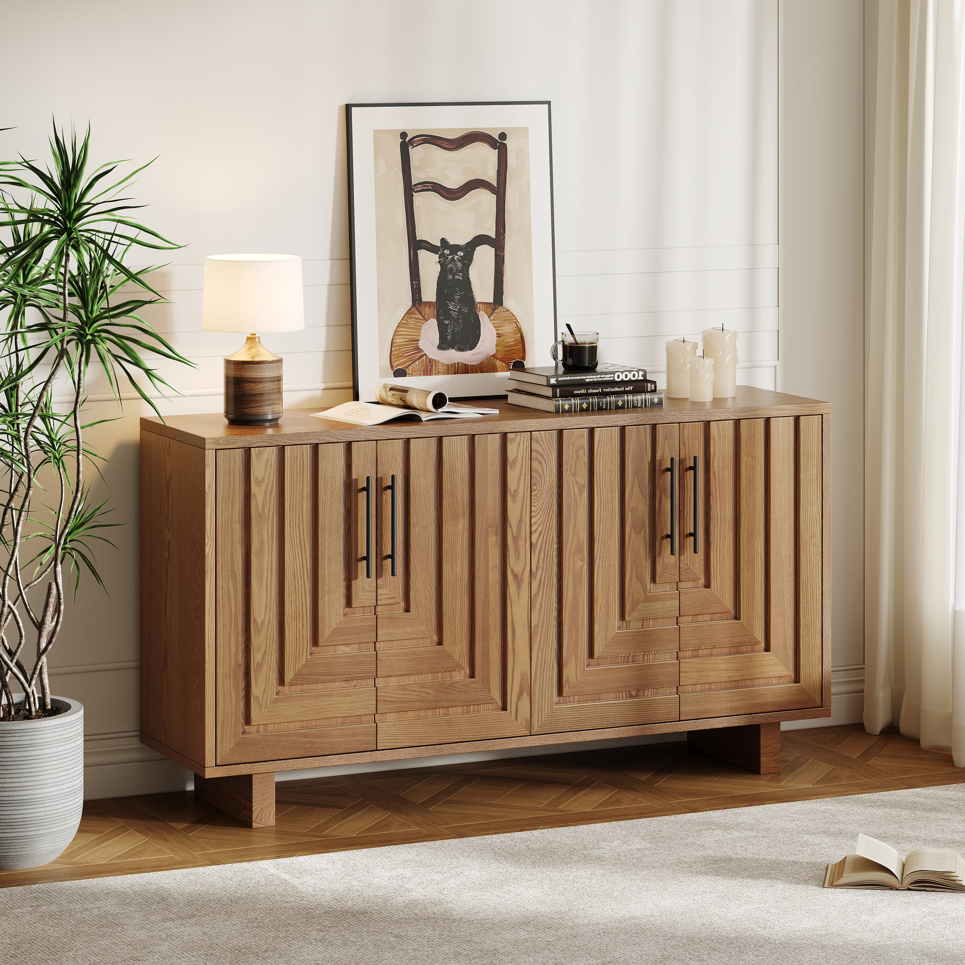 Modern sideboard, 59''×15.75''×32.5'' storage cabinet with 4 doors, MDF and ash veneer with metal handles, natural finish, suitable for dining/living room storage