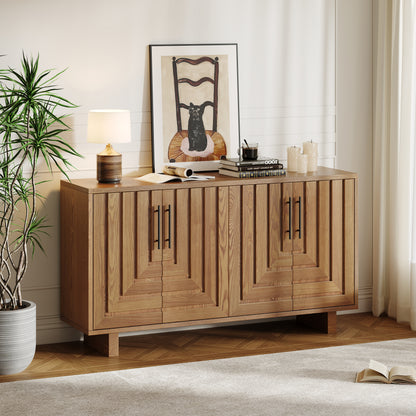 Modern sideboard, 59''×15.75''×32.5'' storage cabinet with 4 doors, MDF and ash veneer with metal handles, natural finish, suitable for dining/living room storage