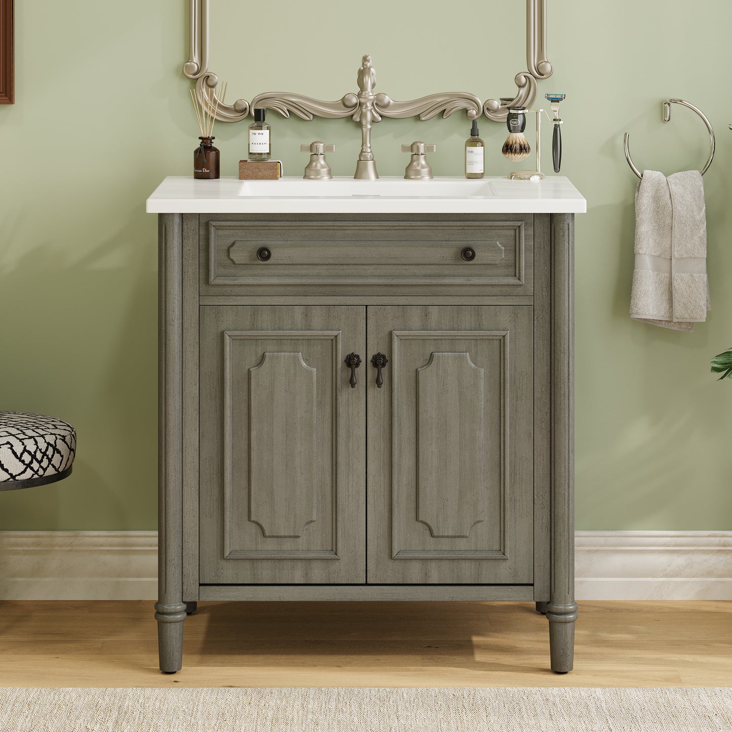 31 Inch Gray Bathroom Vanity - Antique Style Sink Cabinet