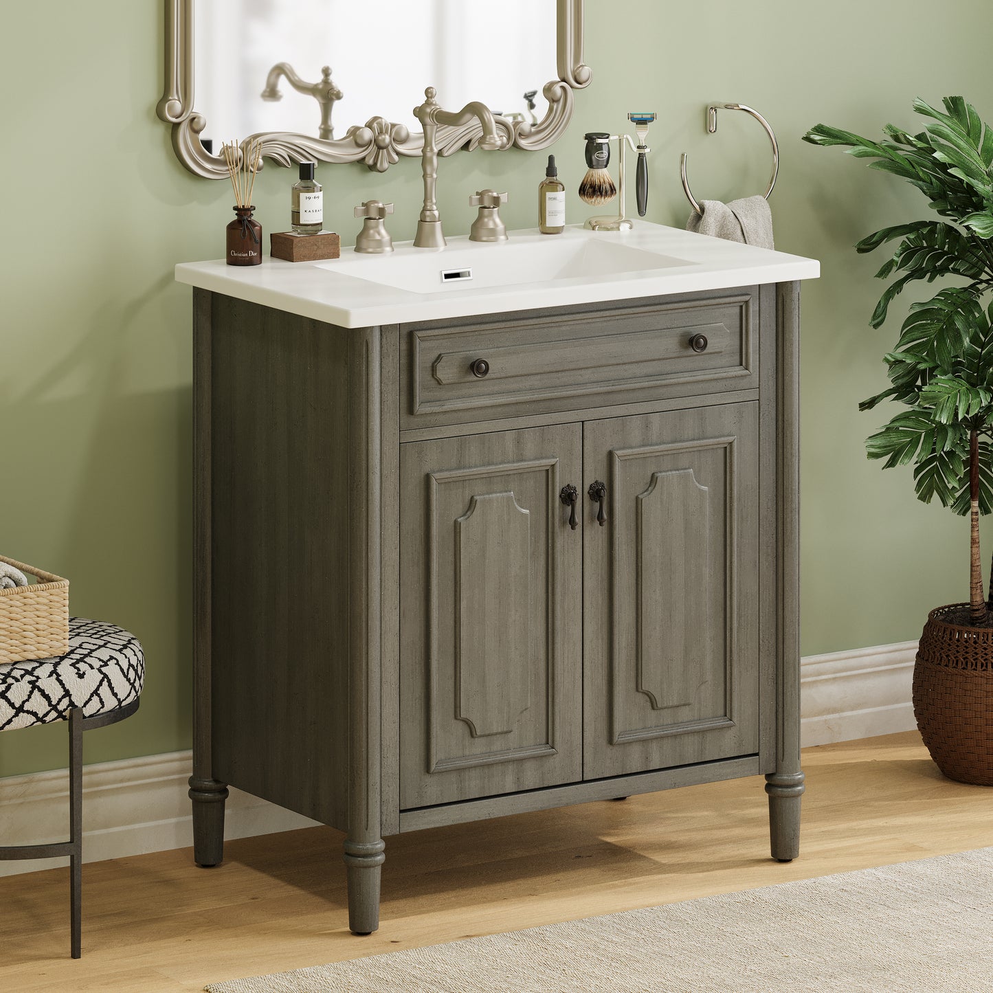 31 Inch Gray Bathroom Vanity - Antique Style Sink Cabinet