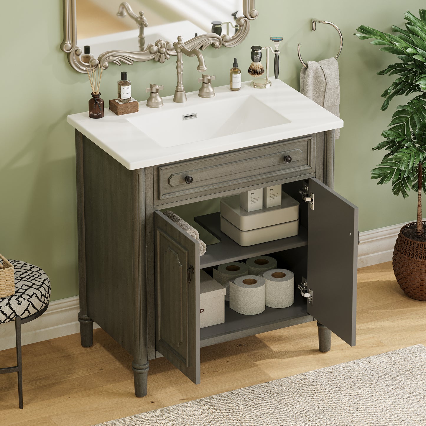 31 Inch Gray Bathroom Vanity - Antique Style Sink Cabinet