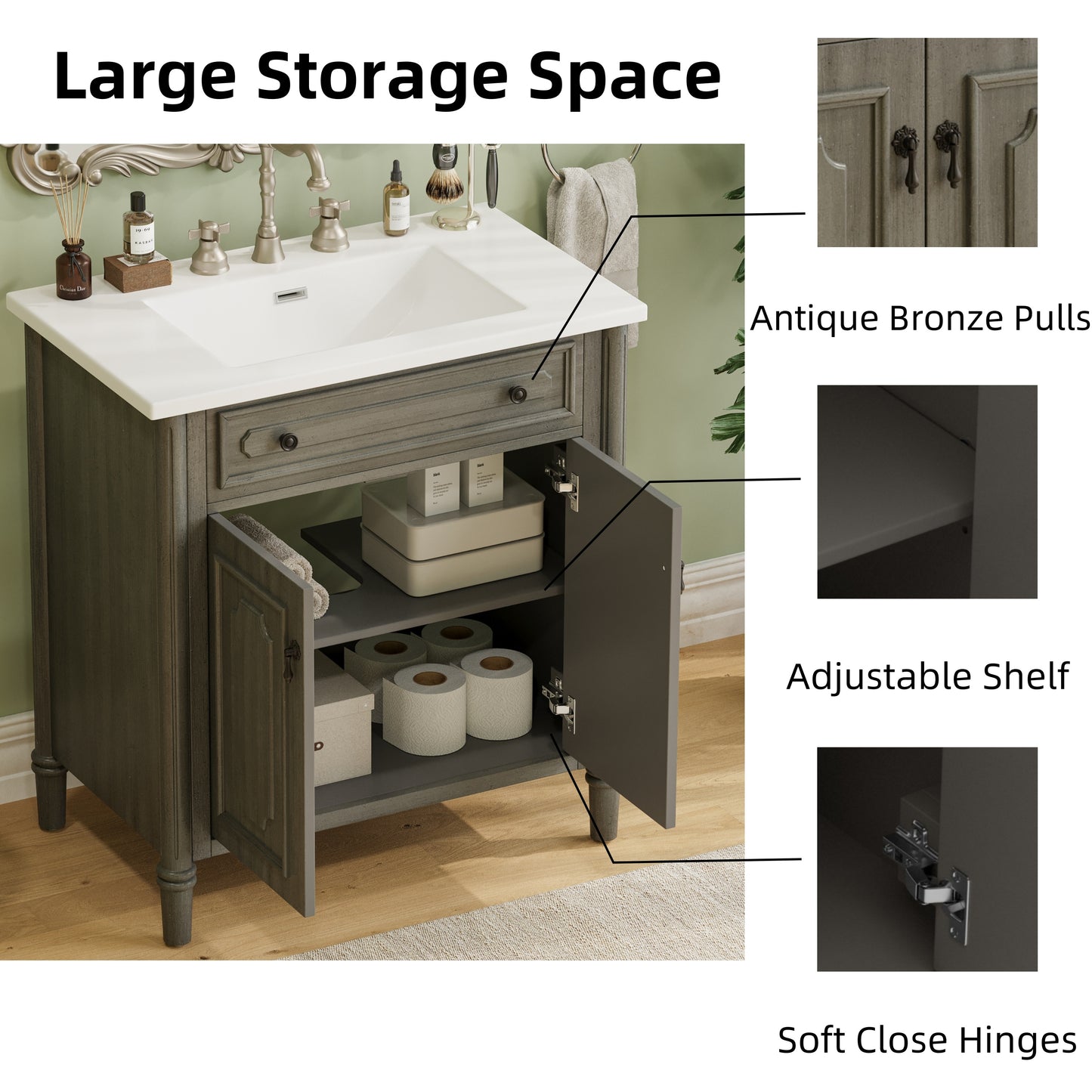 31 Inch Gray Bathroom Vanity - Antique Style Sink Cabinet
