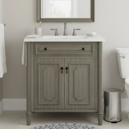 30 Inches Vintage Bathroom Vanity with Sink, Rustic Bathroom Cabinet with Soft Close Doors and Adjustable Shelf, Curved Profile Design, Rubber Wood Legs, Gray