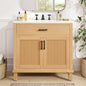 36" Rattan Bathroom Vanity with Ceramic Sink, Modern Bathroom Sink Cabinet with Soft Close Doors and Drawers, Free-standing Bathroom Vanity with Solid Wood Legs and Large Space Storage, Natural