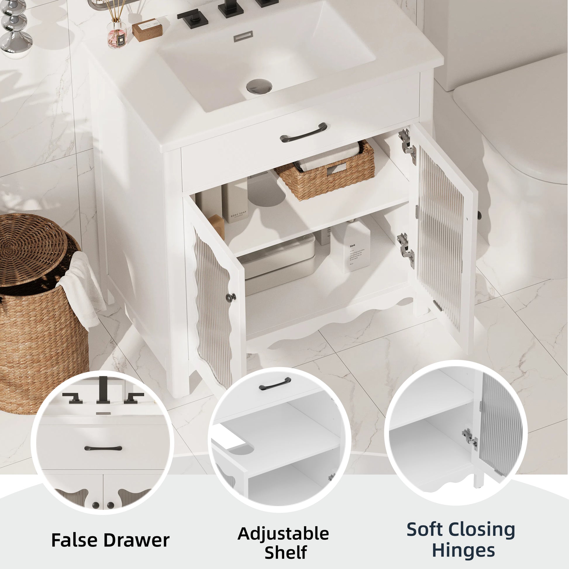 White Bathroom Vanity with Storage - 31 Inch Modern Design