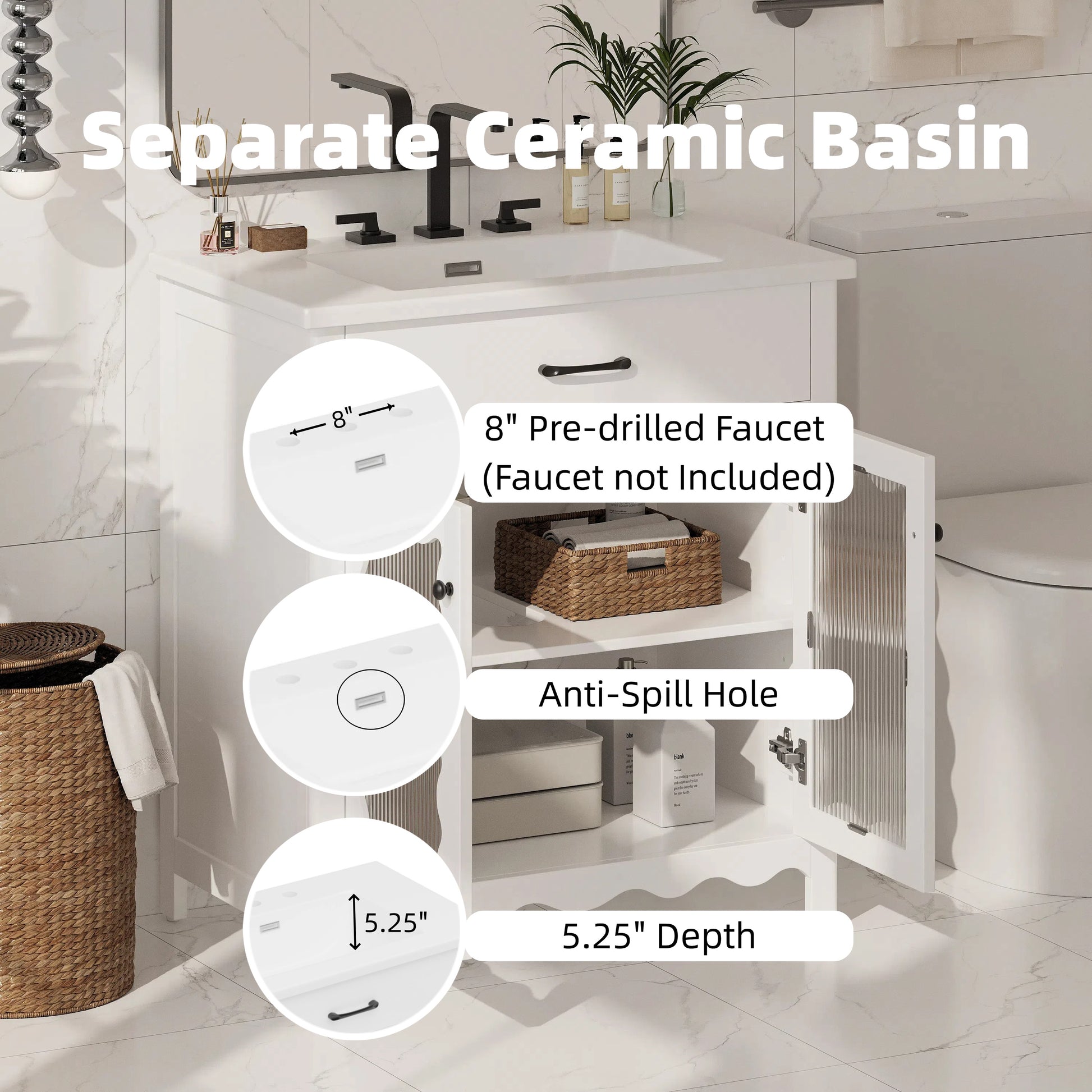White Bathroom Vanity with Storage - 31 Inch Modern Design