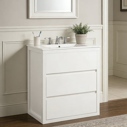 30" Bathroom Vanity with Ceramic Sink and 2 Full-Extension Drawers, Freestanding Bathroom Vanity with 45° Free-Handle Design, Soft Close Undermount Drawer Slides, White