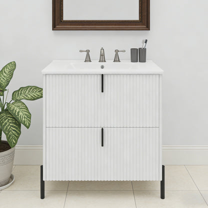 30" Bathroom Vanity with Ceramic Sink, Equipped with Vertical Pulls and Full-Extension Drawers, Freestanding Bathroom Vanity with Soft Close Drawer Slides, Fluted Design, White
