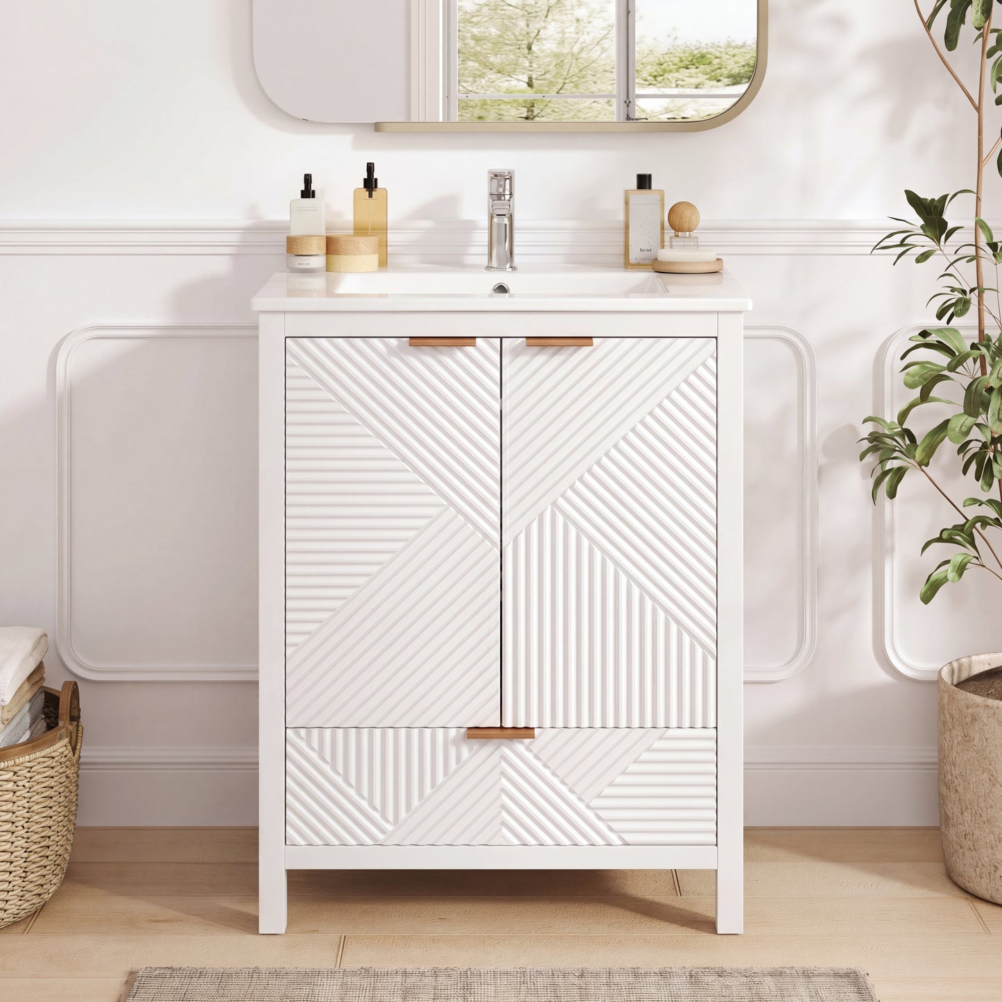 24 Inches Bathroom Vanity with Sink Combo, Modern Bathroom Vanity with Single Faucet Hole, Textured Door Panels and a Drawer, Pine Legs, Large Storage Space & Soft Close Hinges, White