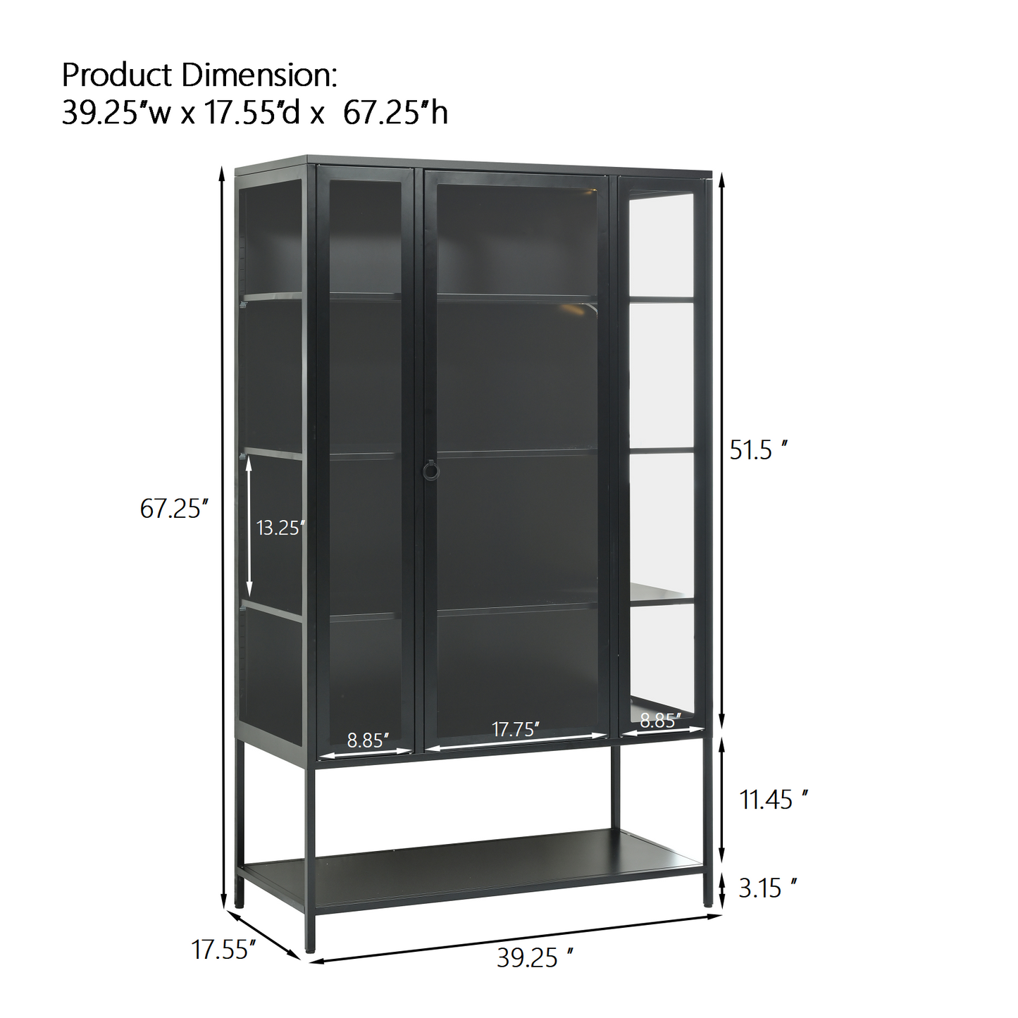 67.25" Tall Iron Display Cabinet - Black with LED Lights