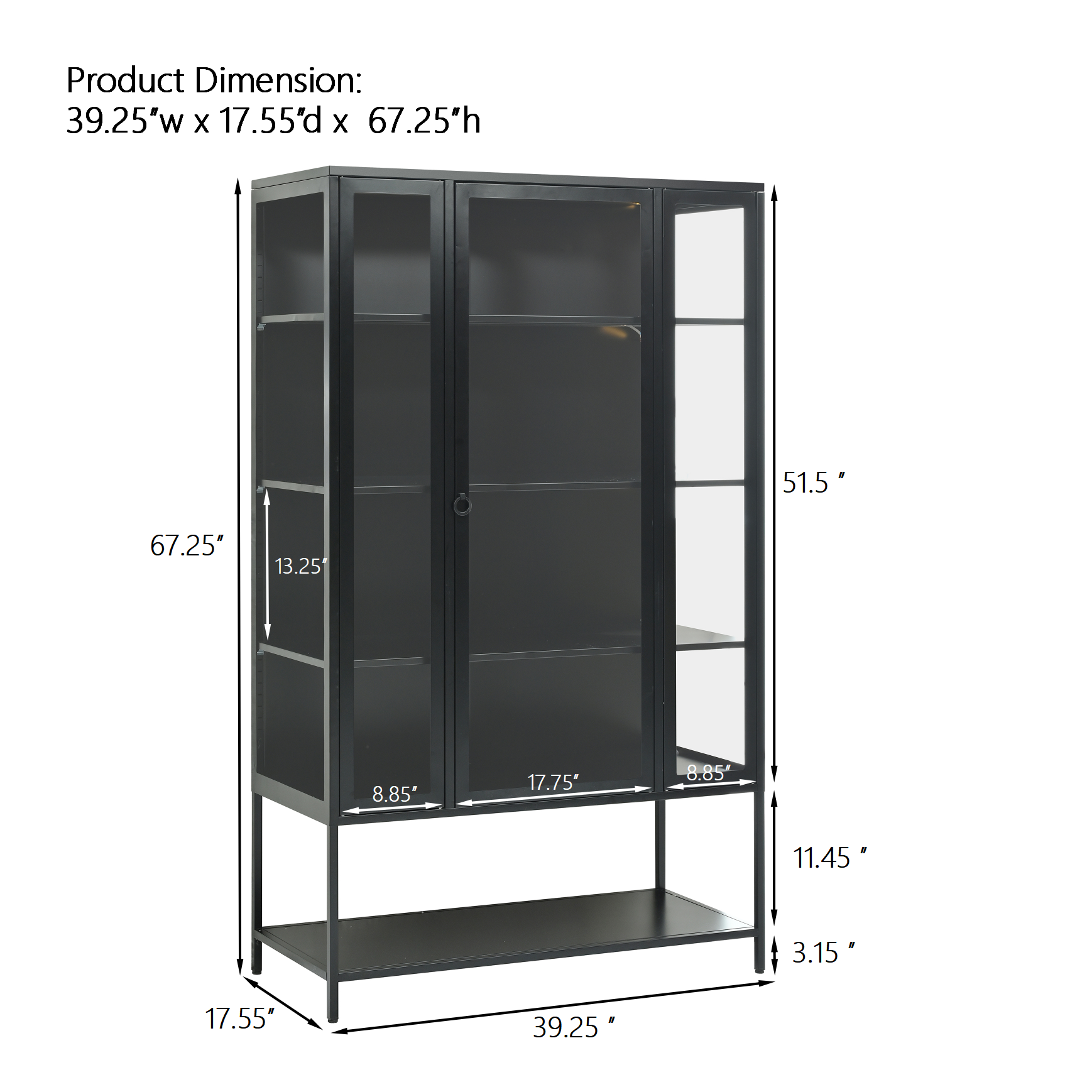 67.25" Tall Iron Display Cabinet - Black with LED Lights