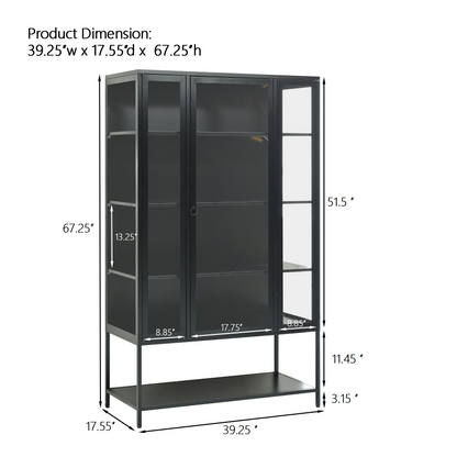 67.25" Tall Iron Display Cabinet - Black with LED Lights
