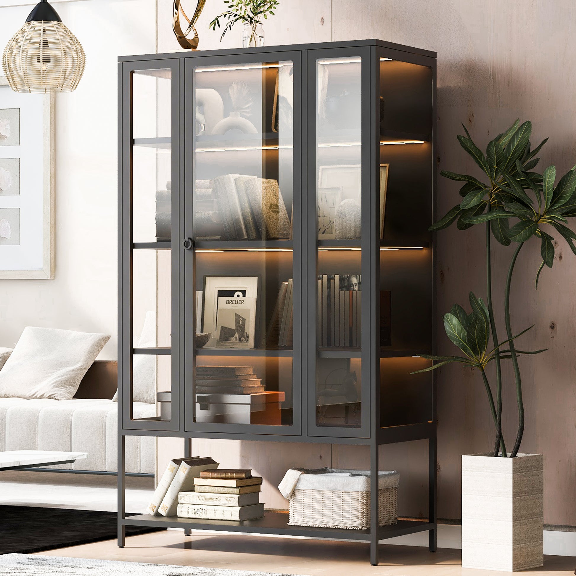 67.25" Tall Iron Display Cabinet - Black with LED Lights