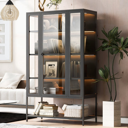 67.25" Tall Iron Display Cabinet - Black with LED Lights