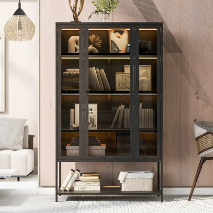 67.25" Tall Iron Display Cabinet - Black with LED Lights