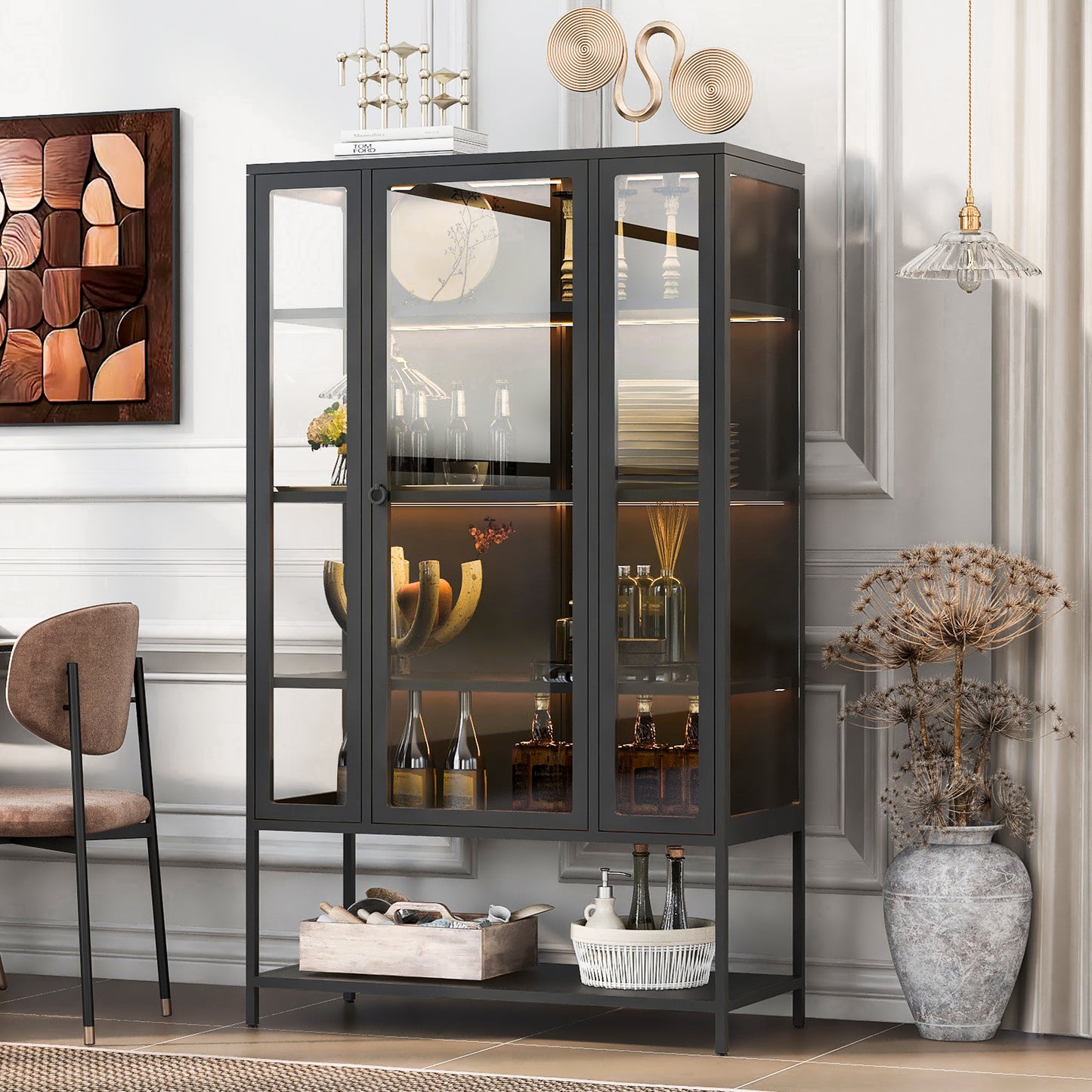 67.25" Tall Iron Display Cabinet - Black with LED Lights