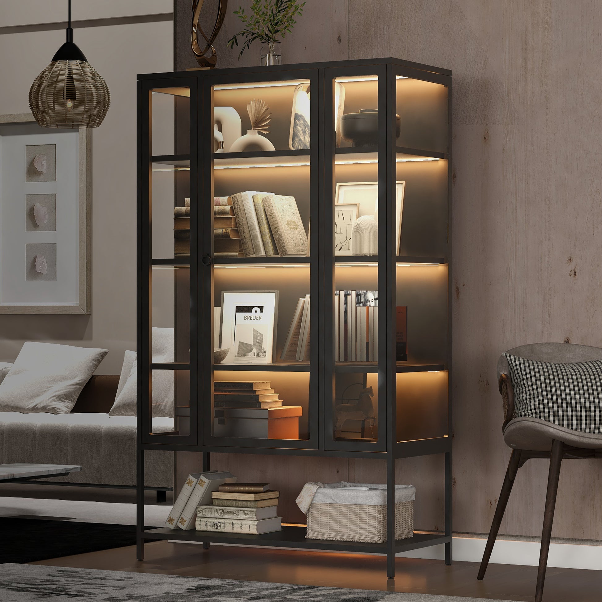 67.25" Tall Iron Display Cabinet - Black with LED Lights