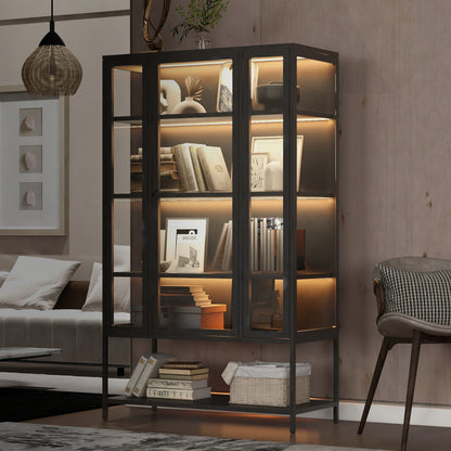 67.25" Tall Iron Display Cabinet - Black with LED Lights