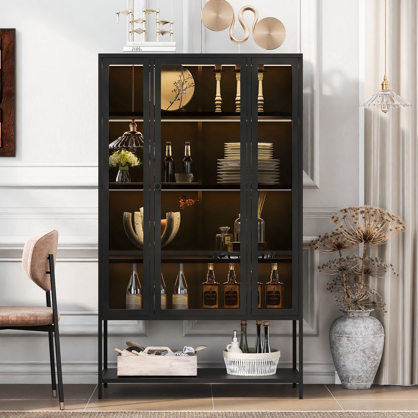 67.25" Tall Iron Display Cabinet - Black with LED Lights