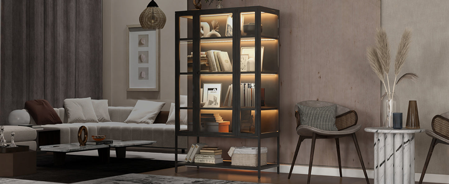 67.25" Tall Iron Display Cabinet - Black with LED Lights