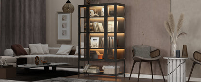 67.25" Tall Iron Display Cabinet - Black with LED Lights