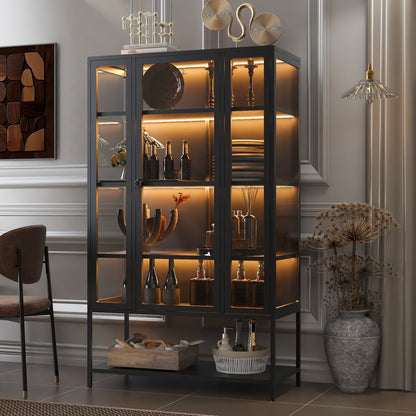 67.25'' Tall Iron Display Cabinet with Glass Door and LED Lights Steel Curio Cabinet for Collectibles Figures Trophies 3-Sided Glass Display Case for Home Office Study Room Stores Playroom - Black