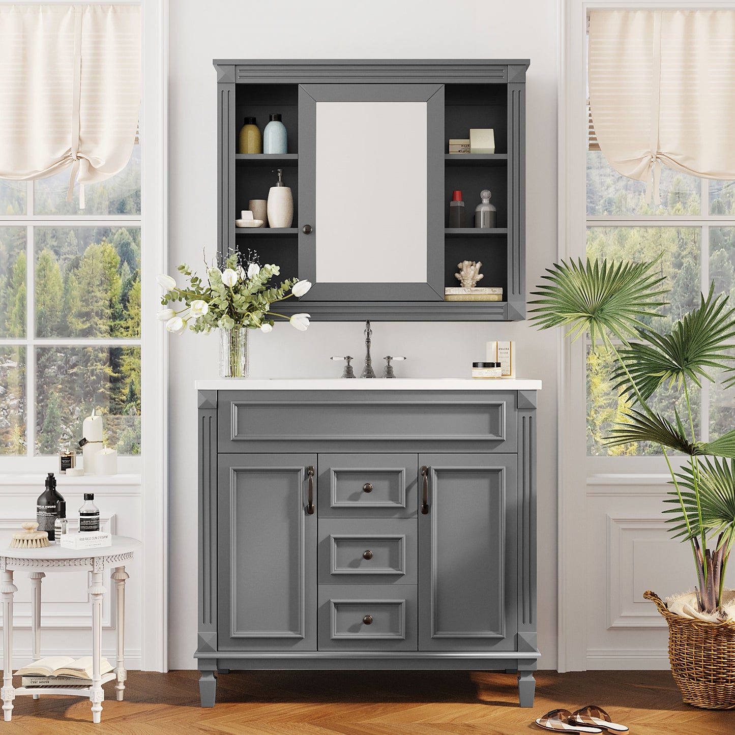 36'' Bathroom Vanity with Top Sink, Mirror Cabinet, Modern Bathroom Storage Cabinet with 2 Soft Closing Doors, Single Sink Bathroom Vanity