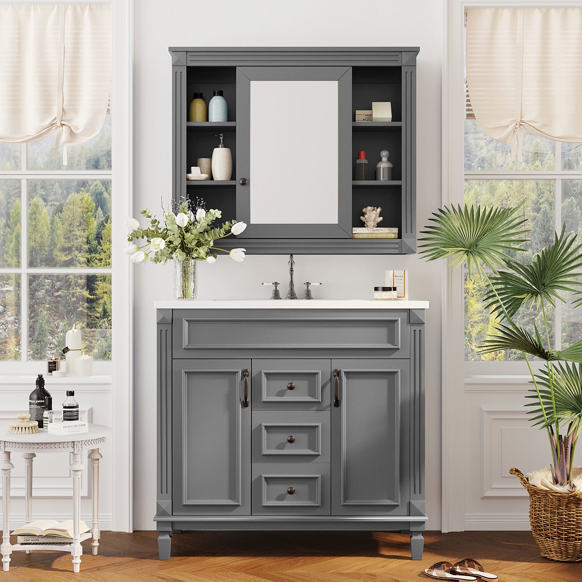 36'' Bathroom Vanity with Top Sink, Mirror Cabinet, Modern Bathroom Storage Cabinet with 2 Soft Closing Doors, Single Sink Bathroom Vanity