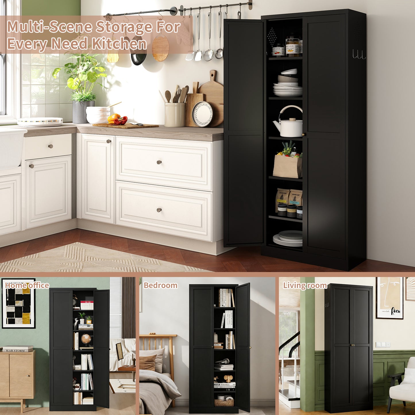 Black Metal Kitchen Cabinet with Adjustable Shelves for Heavy Storage for Living Room