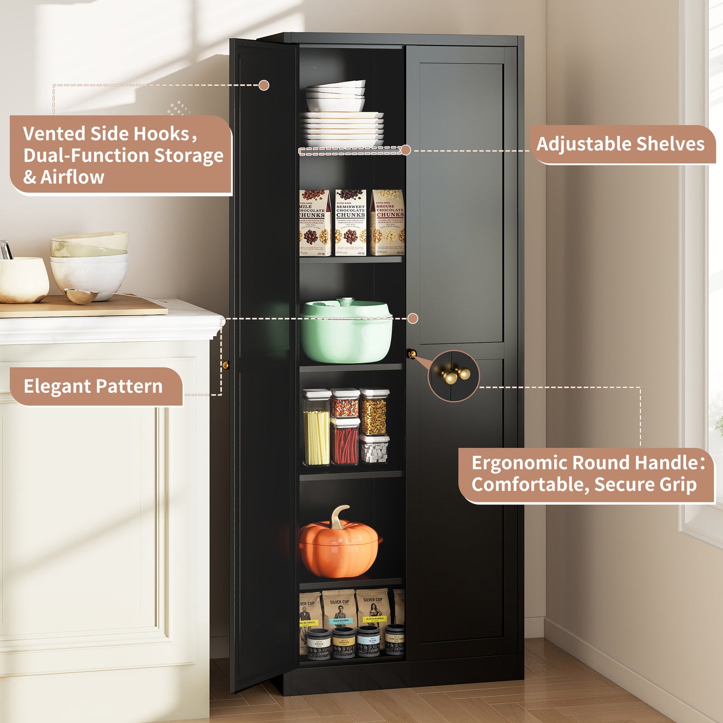 Black Metal Kitchen Cabinet with Adjustable Shelves for Heavy Storage for Living Room