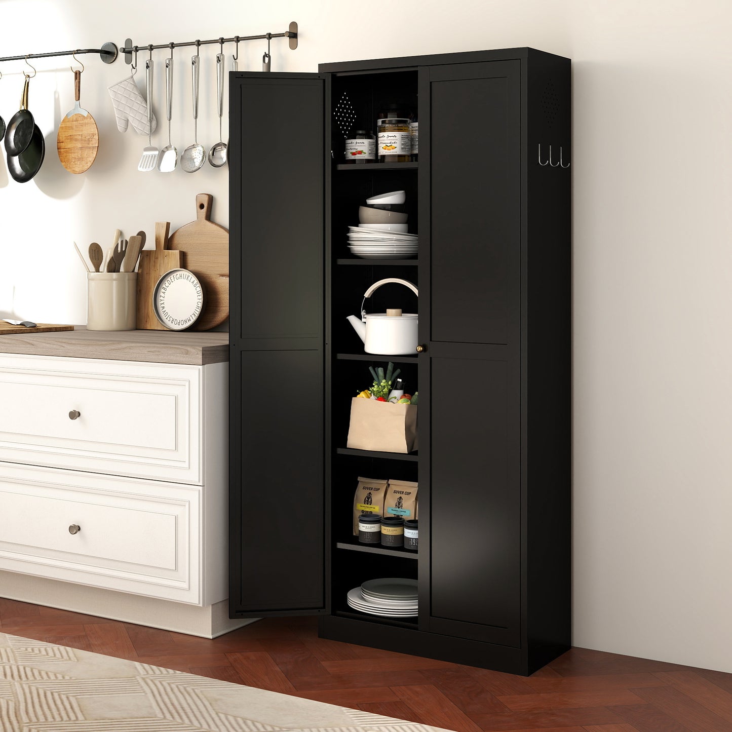 72" Black Metal Kitchen Pantry Cabinet with Doors, Heavy-Duty Freestanding Storage Organizer with 5 Adjustable Shelves, Tool-Free Assembly for Pantry, Kitchen, Bathroom