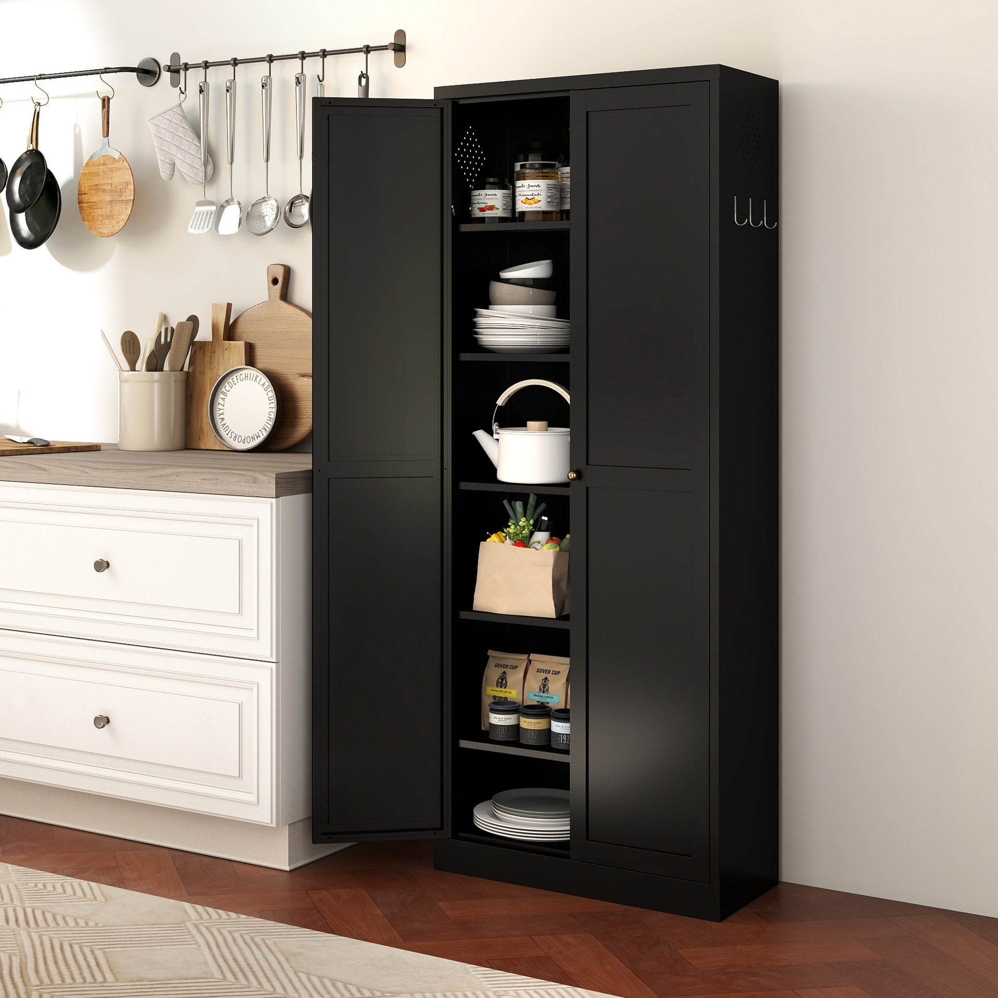 72" Black Metal Kitchen Pantry Cabinet with Doors, Heavy-Duty Freestanding Storage Organizer with 5 Adjustable Shelves, Tool-Free Assembly for Pantry, Kitchen, Bathroom