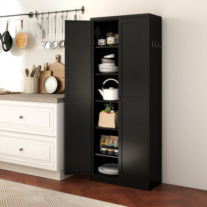 72" Black Metal Kitchen Pantry Cabinet with Doors, Heavy-Duty Freestanding Storage Organizer with 5 Adjustable Shelves, Tool-Free Assembly for Pantry, Kitchen, Bathroom