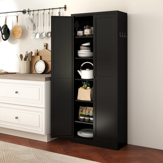 72" Black Metal Kitchen Pantry Cabinet with Doors, Heavy-Duty Freestanding Storage Organizer with 5 Adjustable Shelves, Tool-Free Assembly for Pantry, Kitchen, Bathroom