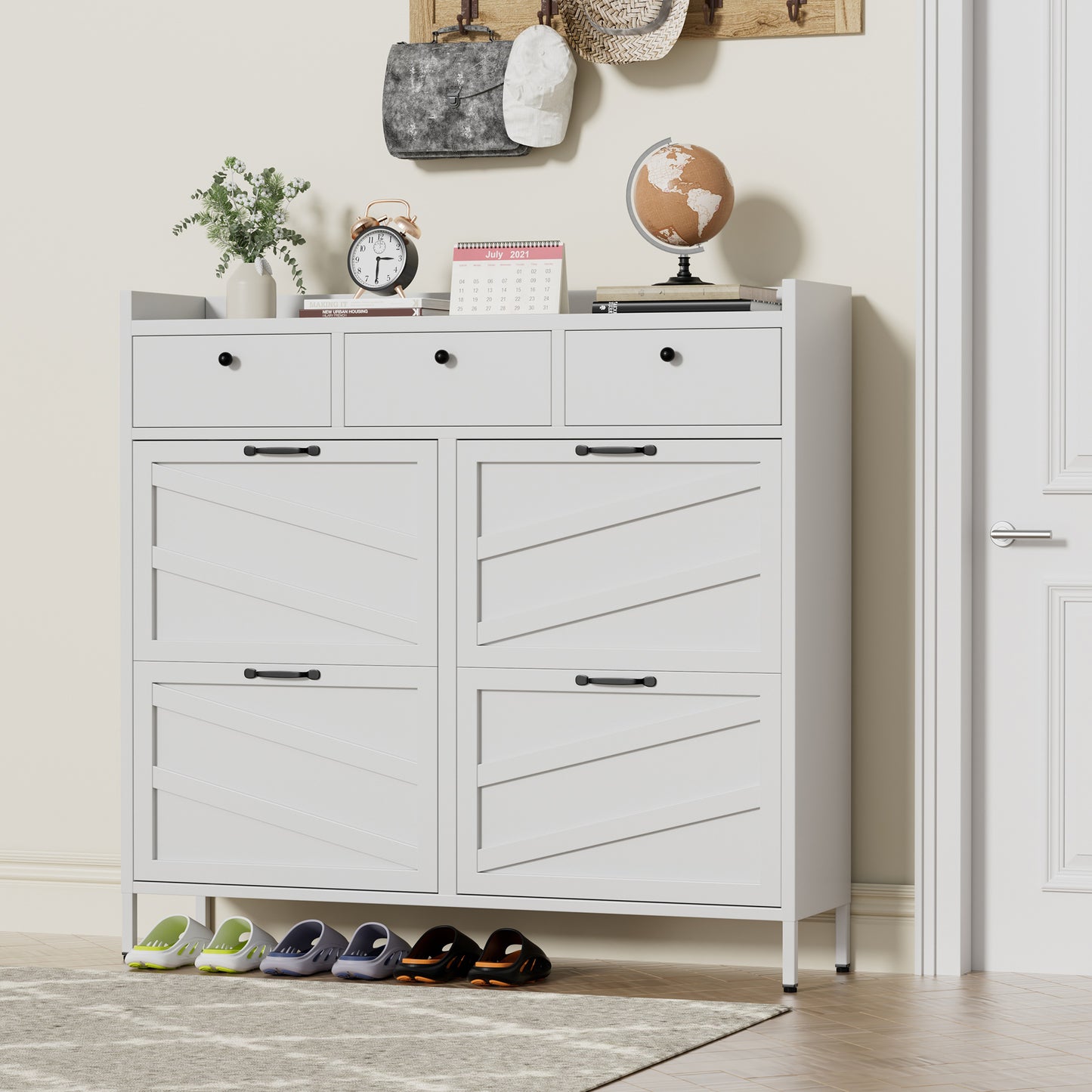 White Shoe Cabinet - 4 Flip Drawers, 3 Drawers - Entryway Storage