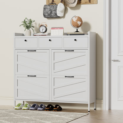 White Shoe Cabinet - 4 Flip Drawers, 3 Drawers - Entryway Storage