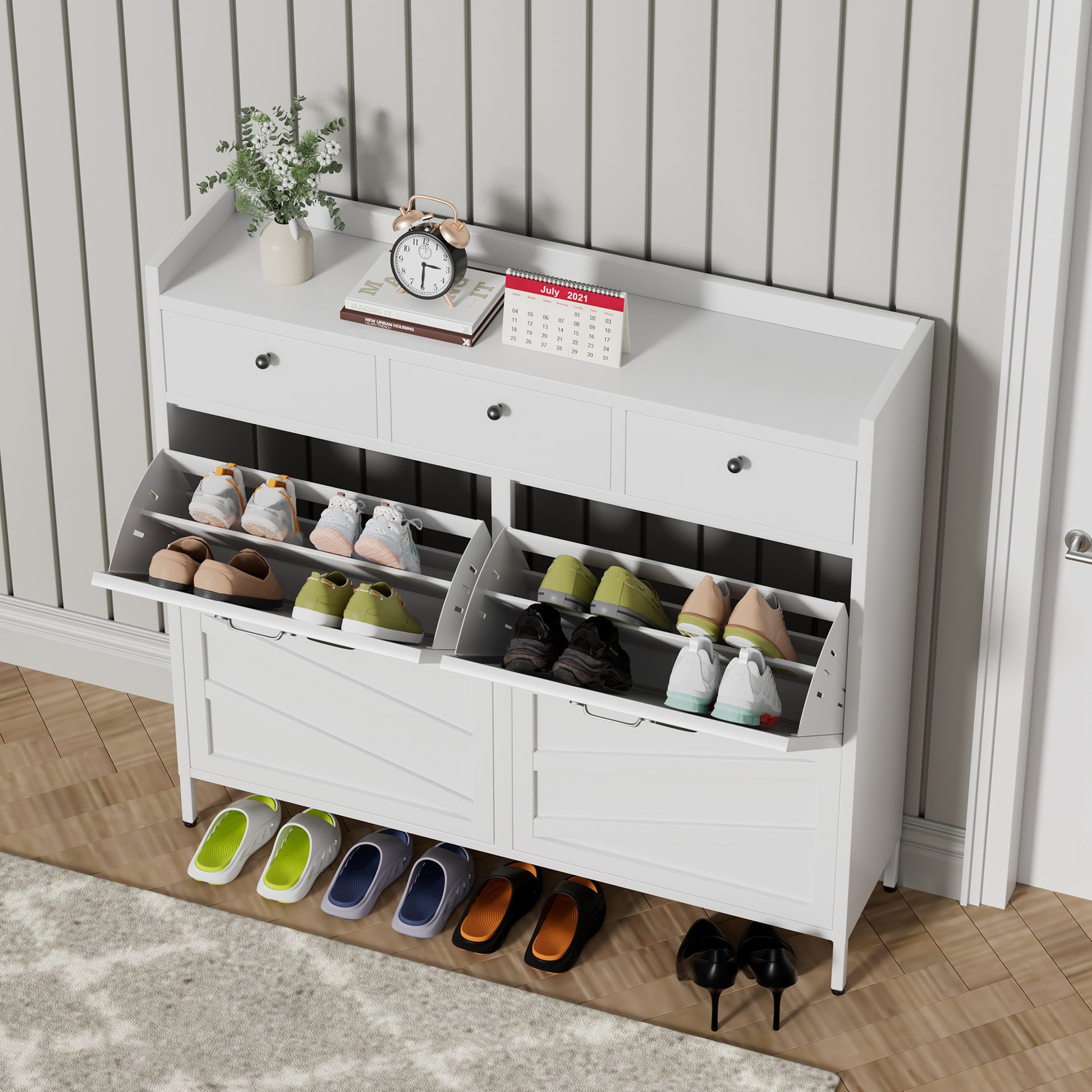 White Shoe Cabinet - 4 Flip Drawers, 3 Drawers - Entryway Storage