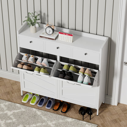 White Shoe Cabinet - 4 Flip Drawers, 3 Drawers - Entryway Storage
