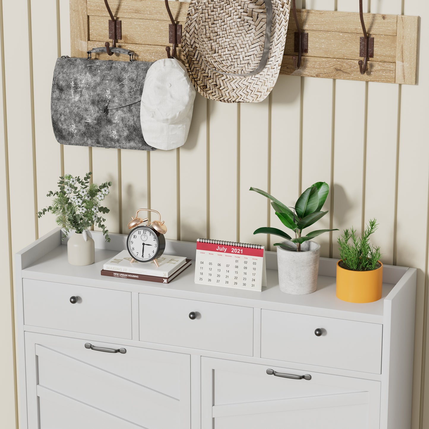 White Shoe Cabinet - 4 Flip Drawers, 3 Drawers - Entryway Storage