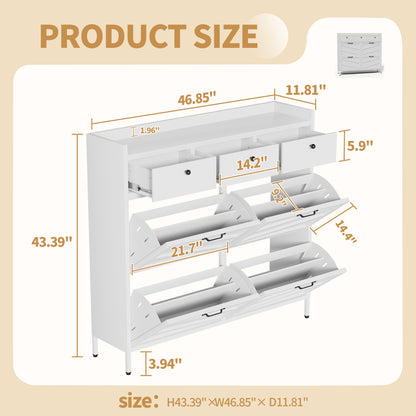 White Shoe Cabinet - 4 Flip Drawers, 3 Drawers - Entryway Storage
