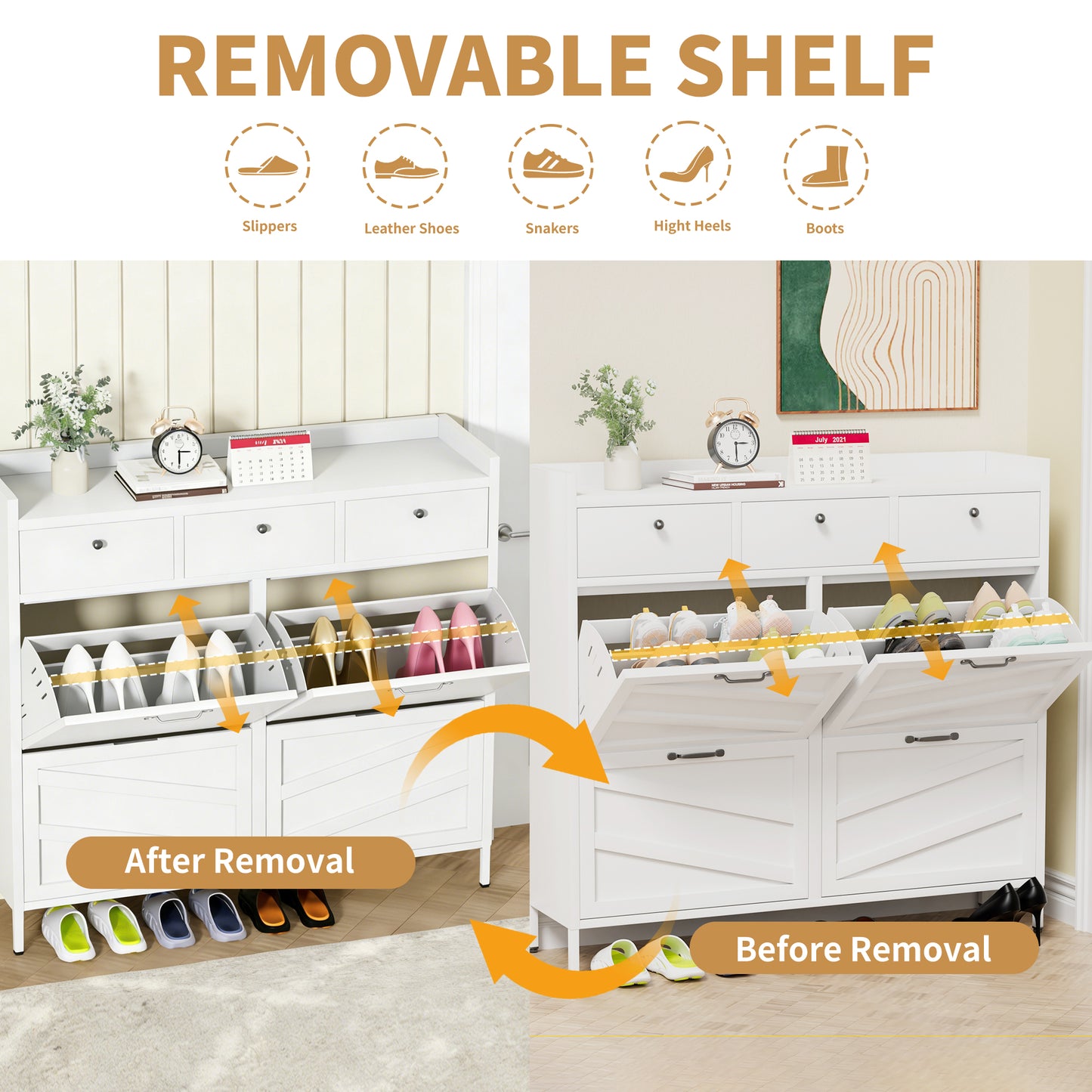 White Shoe Cabinet - 4 Flip Drawers, 3 Drawers - Entryway Storage