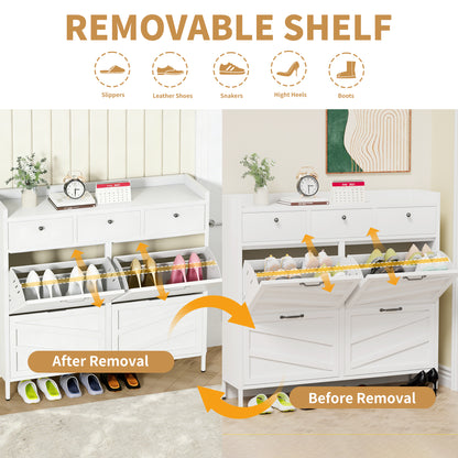 White Shoe Cabinet - 4 Flip Drawers, 3 Drawers - Entryway Storage