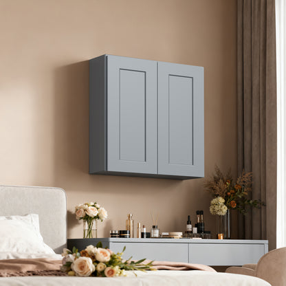 Gray Shaker Solid Wood Wall Cabinet with Soft-Close Doors, Adjustable Shelves - 36" Double Door Storage for Kitchen, Bathroom, Laundry, Garage (Easy Assembly, 36"W x 12"D x 30"H)