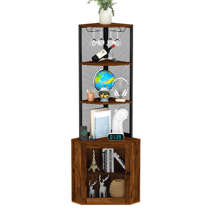 Corner Shelf with Doors, 65" Corner Cabinet with Shelves & Wine Glass Rack, 6 Tier Bookshelf Display Corner Shelves, Freestanding Corner Storage Stand for Kitchen, Living Room, Balcony