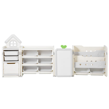White Gray Kids Toy Storage Shelf with Bookshelf & Drawing Board