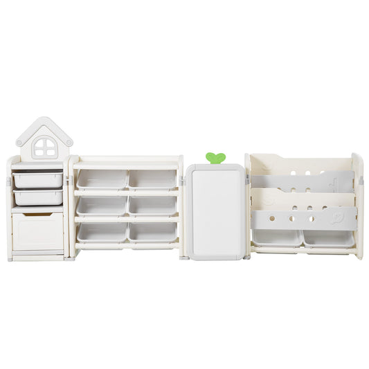 White Gray Kids Toy Storage Shelf with Bookshelf & Drawing Board