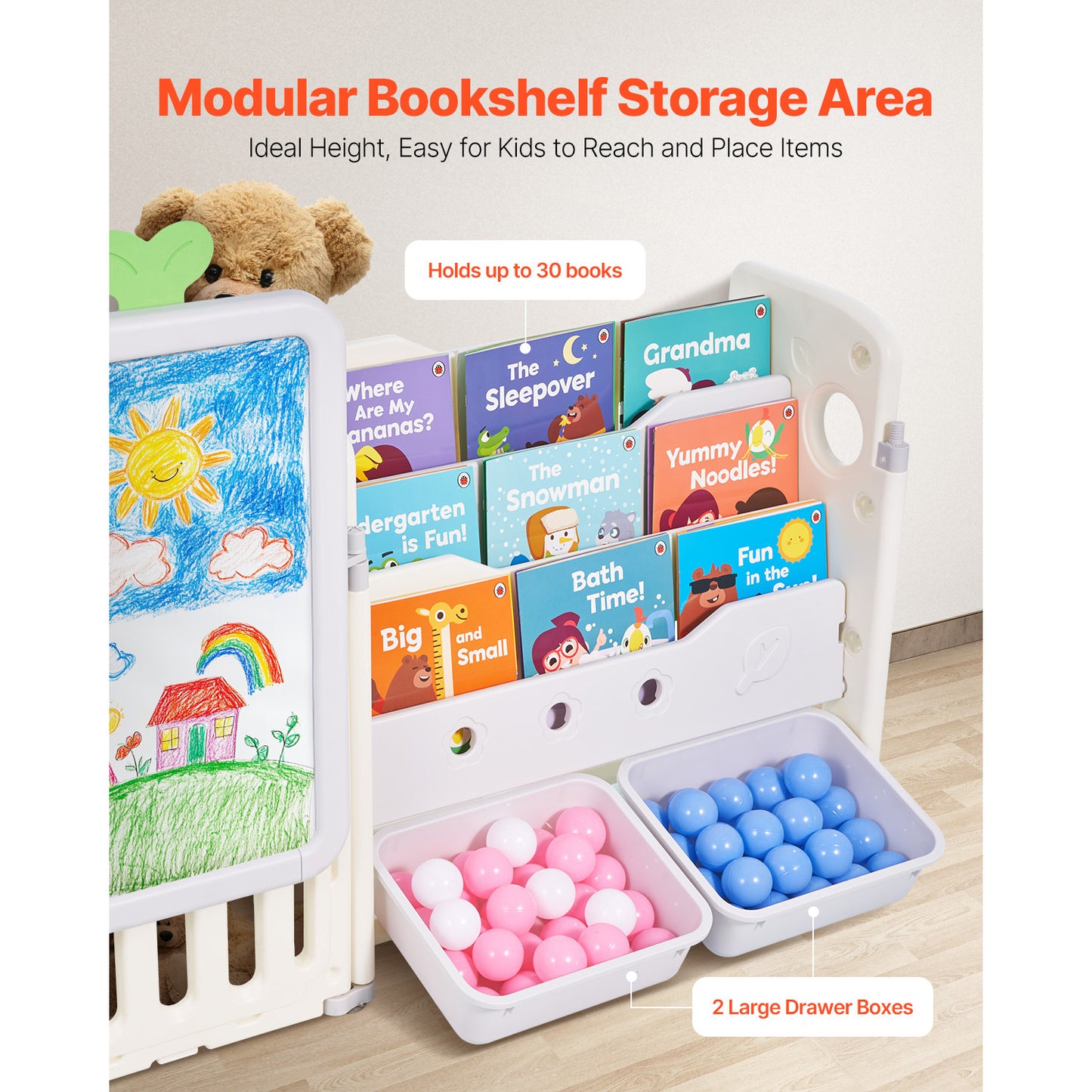 White Gray Kids Toy Storage Shelf with Bookshelf & Drawing Board