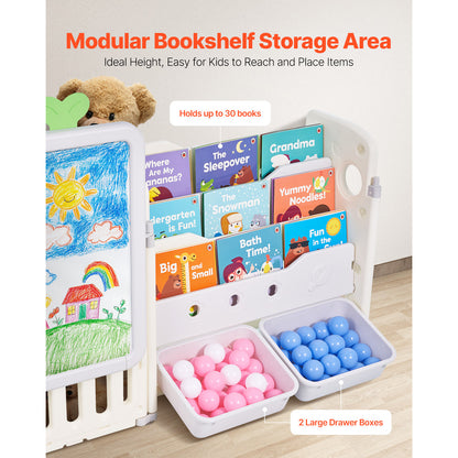 White Gray Kids Toy Storage Shelf with Bookshelf & Drawing Board