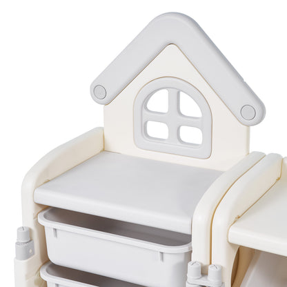 White Gray Kids Toy Storage Shelf with Bookshelf & Drawing Board