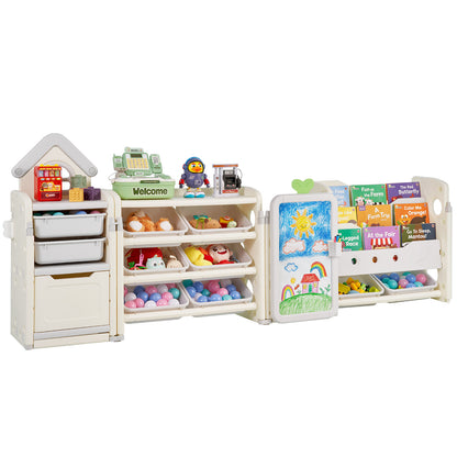 White Gray Kids Toy Storage Shelf with Bookshelf & Drawing Board